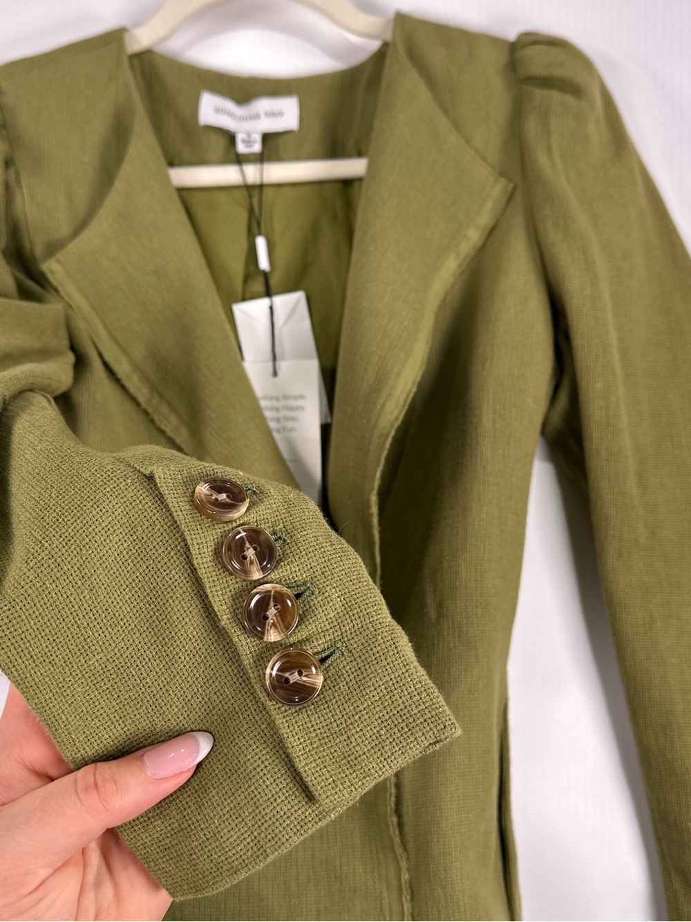 Something Navy Puff Shoulder Blazer Raw Hem Linen Cotton Blend Green Small - Picture 6 of 14